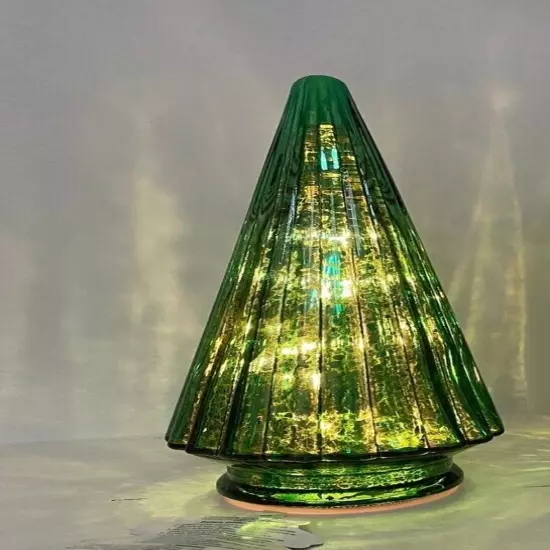 8" Lit Glam Mercury Glass Light Up Green Christmas Cone Tree Table Lamp Decor