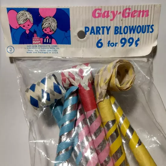 Vintage Party Blowouts by GAY GEM NOS vintage rack novelty toy MIB 1970s mod