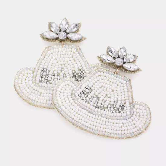 White Bridal Message Beaded Cowboy Hat Earrings