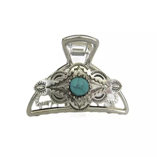 Hair claw clip turquoise blue silver western design metal native tribal