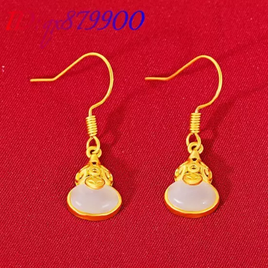 Natural Jade Gourd Earrings Real Jewelry 18K Gold Plated Talismans Amulet Charm