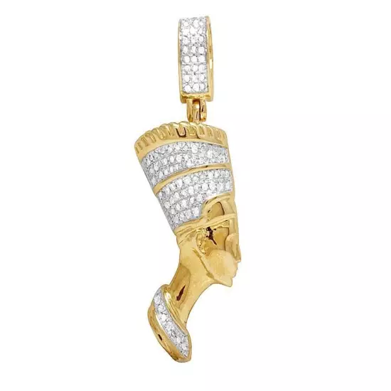 10K Yellow Gold Real Diamond Egyptian Queen Nefertiti Pendant Charm 1/4 Ct 1.4"