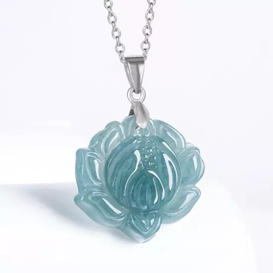 Certified Natural Blue Burma A Jade jadeite Lotus S925Silver Pendant Necklace