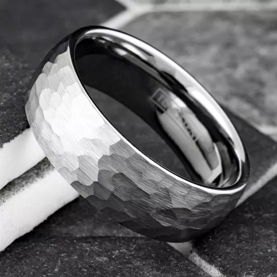 Silver Tungsten Carbide Hammered Brushed Finish Men's Wedding Band Ring