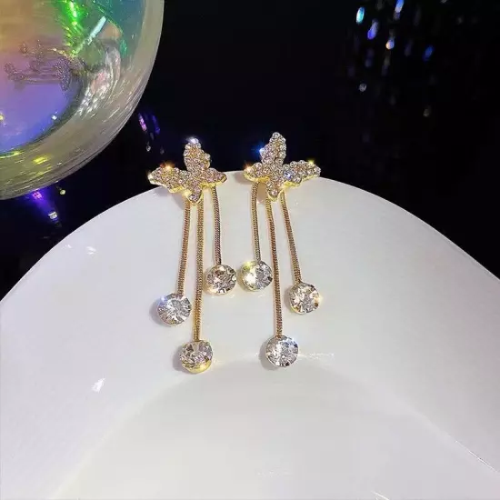 Fashion 18k Gold Plated Crystal Butterfly Tassel Earrings Women's Girl Jewelry