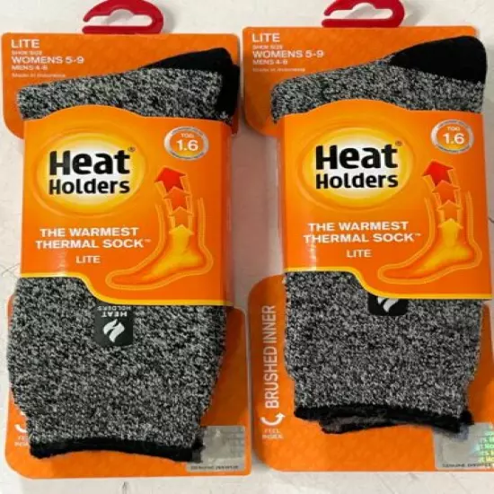 2 PAIR Heat Holders Lite Warmest Thermal Sock Mens 4-8 Ladies 5-9 Black/Gray