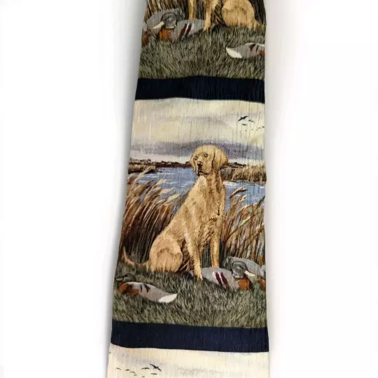 Mens Vtg Silk Tie Dogs Yellow Lab Mallard Labrador Decoy Endangered Cundiff