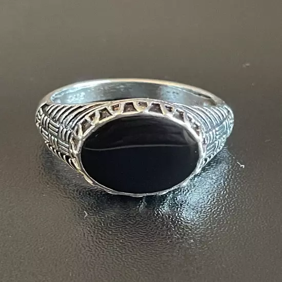 Round Black Obsidian Stone S925 Silver Plated Women Men Ring 