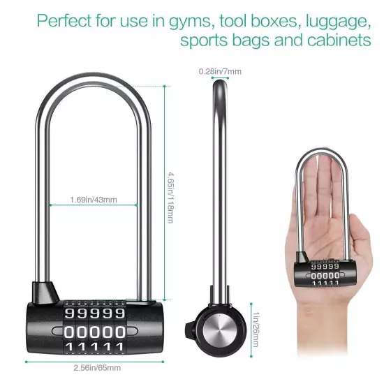 5 Digit Combination Padlock, Lengthened Combination Lock, Long Shackle Gym Lo...