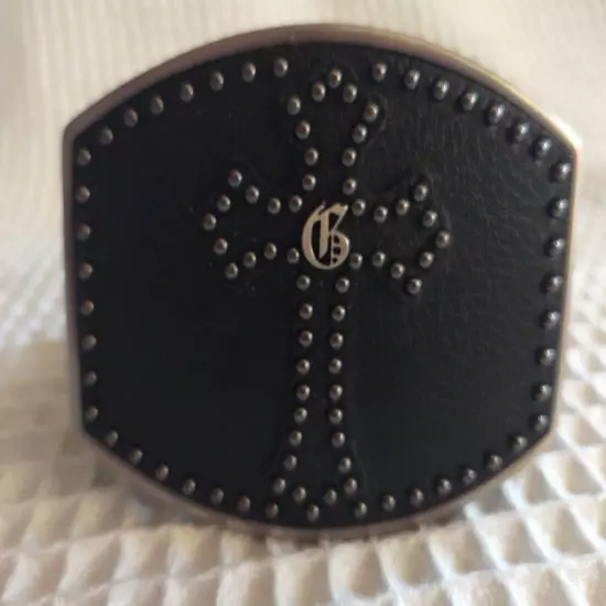 Guess Leather Belt Mens Big Black Cross Buckle Sz 40 Silver Tone