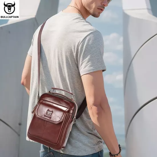 Men'S Genuine Leather Shoulder Bag Multifunctional 7.9-Inch Tablet Handbag Retro