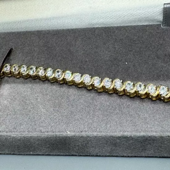 Vintage - Tennis Bracelet SOLID 925 Sterling Silver & Gold Plated Single Row CZ