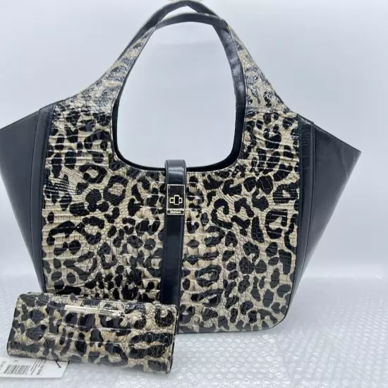 Brahmin Carla Snow Leopard Print Oversized Black Leather Tote w/ Matching Wallet