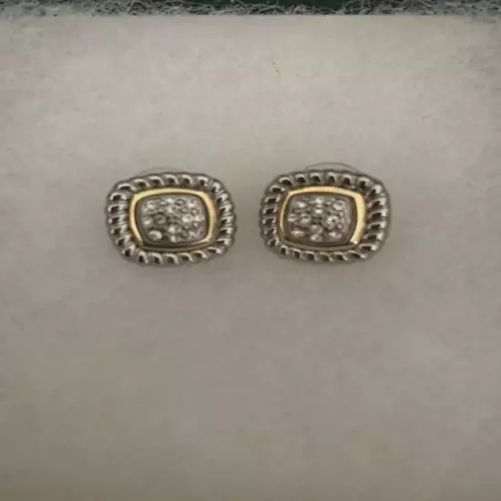 Two-Tone Silver and Gold Post Fashion Earrings with Pave Rhinestone Centers