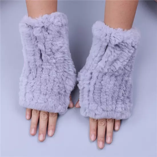 Real Rex Rabbit Fur Women's Gloves Mittens Girl Fingerless Wrist Warmer Elastic