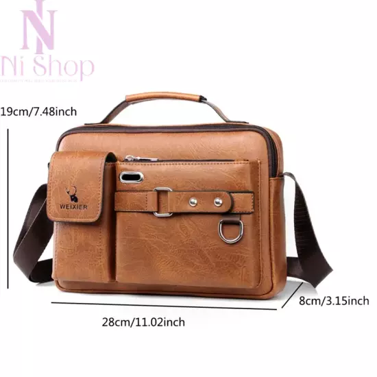 Men Messenger Bag Shoulder Briefcase Portable PU Leather Handbag Crossbody Brown