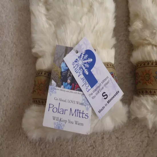 POLAR MITTS Faux Fur Mittens Nordic Trim Cream Ivory Off White Sz S Made in USA