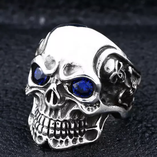 Blue CZ Eye Evil Skull Ring Vintage Stainless Steel Men's Gothic Skull Punk Ring