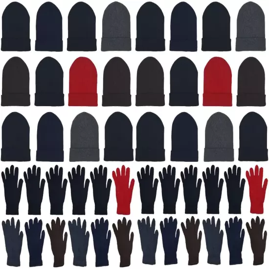 48x Winter Beanies & Gloves Combo Pack, Bulk Pack for Men Women, Warm Cozy Gift