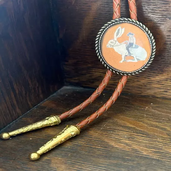 Cowboy Riding Jackrabbit Bolo Tie - Gifts for Him Indian Leather Funny Gag Wedd