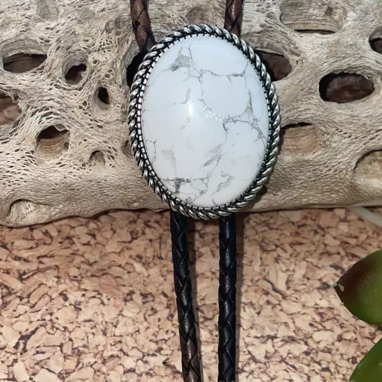 White Buffalo Turquosie Silver Western Leather Bolo Tie Lariat Necklace Wedding