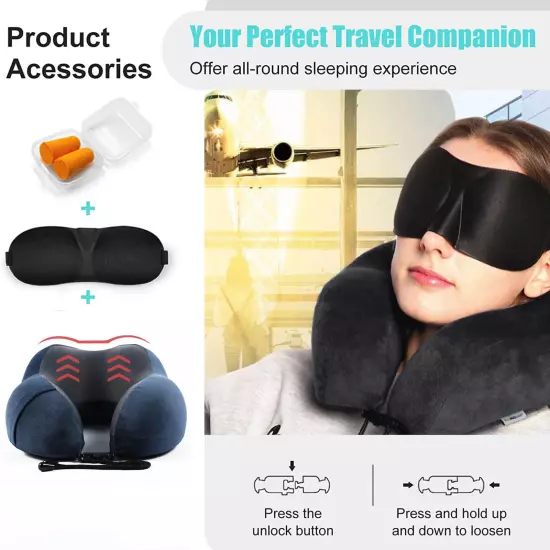 Travel Pillow Luxury Memory Foam Neck & Head Support Airplane Sleeping Cushion