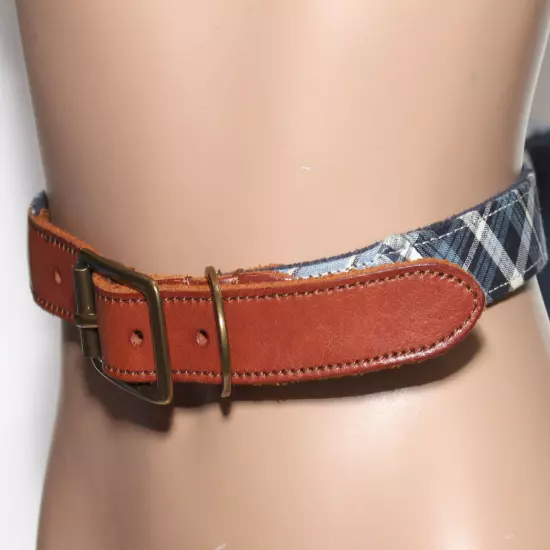 Land's End Blue Webbing/Canvas w/ Tan Leather Tabs Belt - Brass Buckle - Size 38