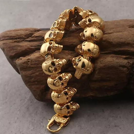 Heavy Men's 18K Gold Stainless Steel Gold Skull Bicycle Chain Bracelet Wristband