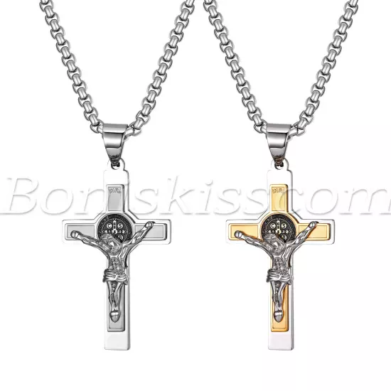 Mens Stainless Steel Saint St Benedict Jesus Crucifix Cross Pendant Necklace 22"