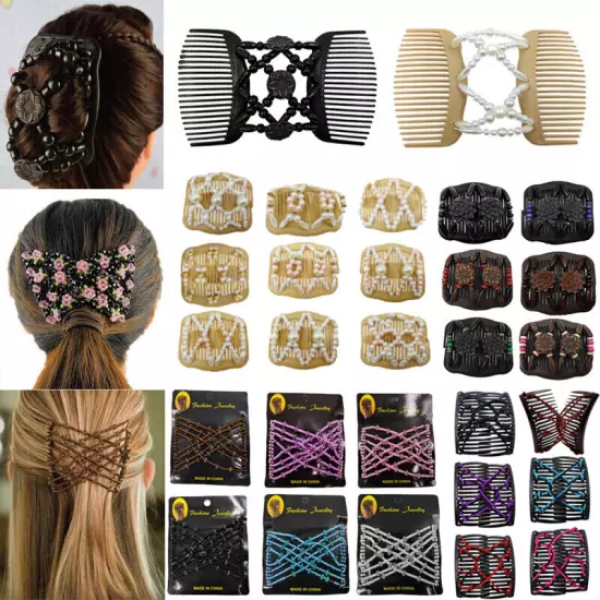 Womens Magic Slide Hair Elastic Double Beads Easy Stretchy Hair Comb Clips Pins│