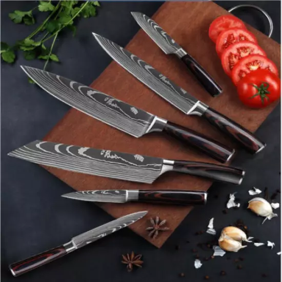 Wood 6pcs Japanese Kitchen Damascus Pattern Chef Knives Set&Scabbard USASTOCK