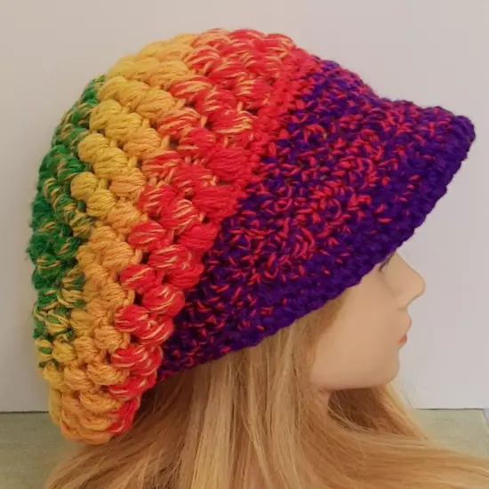 Slouchy Hippie Cap w/Brim Rainbow Hand Crocheted Puff Stitch Adult/Teen Boho