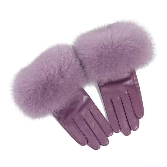 Women Genuine Lambskin Leather Gloves With Real Fox Fur Trim Cuff Winter Warm