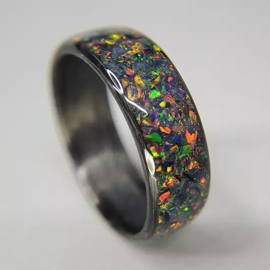 Carbon Fiber Ring with Fire Opal inlay - Handcrafted - Sizes 4-16 - Custom Width