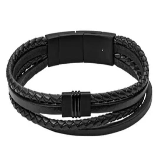 Fossil Men's Casual Stainless Steel and Leather Bracelet Black JF04203040 NEW