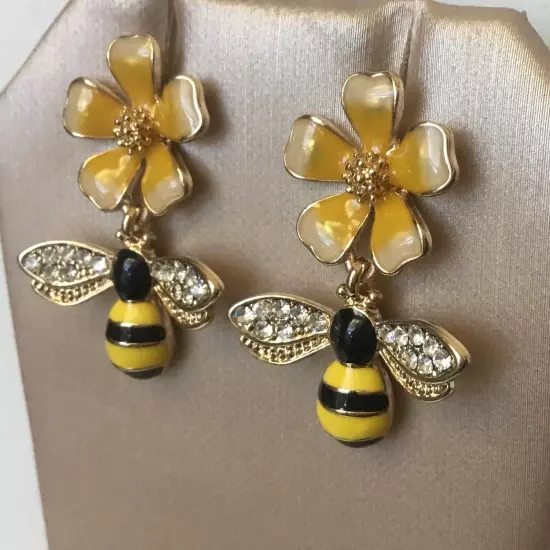 Bumble Bee & Flower Drop Dangle Earrings Gold Tone & Enamel