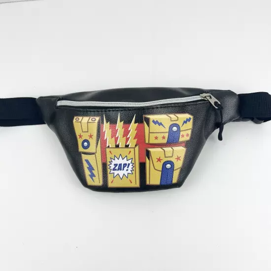 Retro Black Zap Utility Belt Fanny Pack Snap Buckle Waist Bag Faux Leather