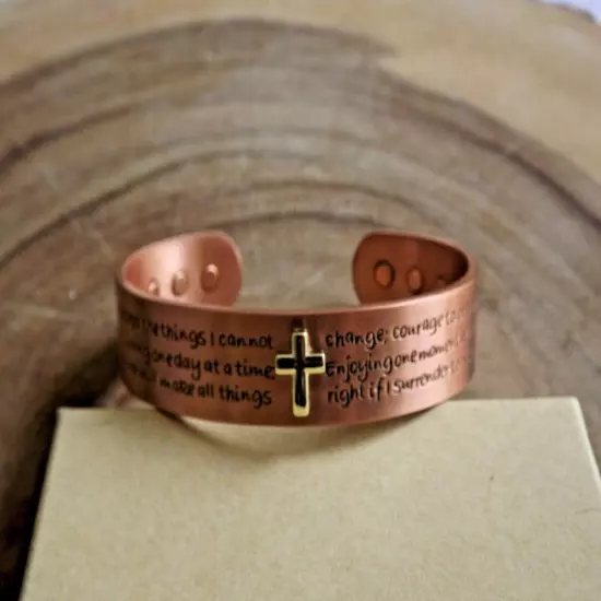 Pure Copper Magnetic Bracelet Arthritis Pain Therapy Cuff Serenity Prayer Cross