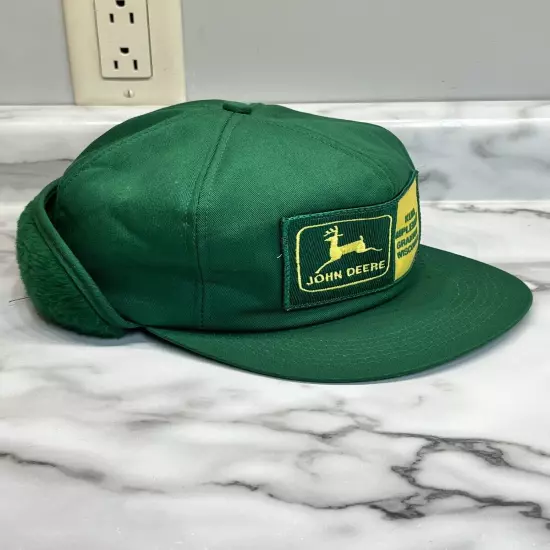 John Deere Vintage Hat Cap Ear Flap Insulated USA Patch Trucker Farmer