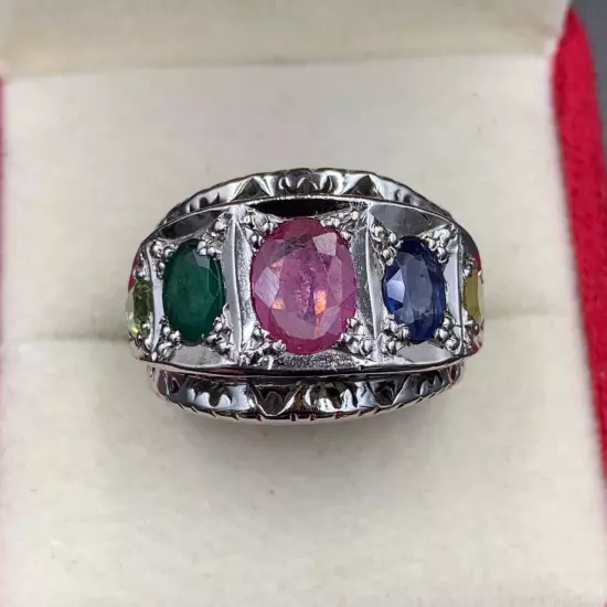 Men MultiStone Ring, Natural Ruby Emerald Blue Sapphire Peridot & Pukhraj Ring