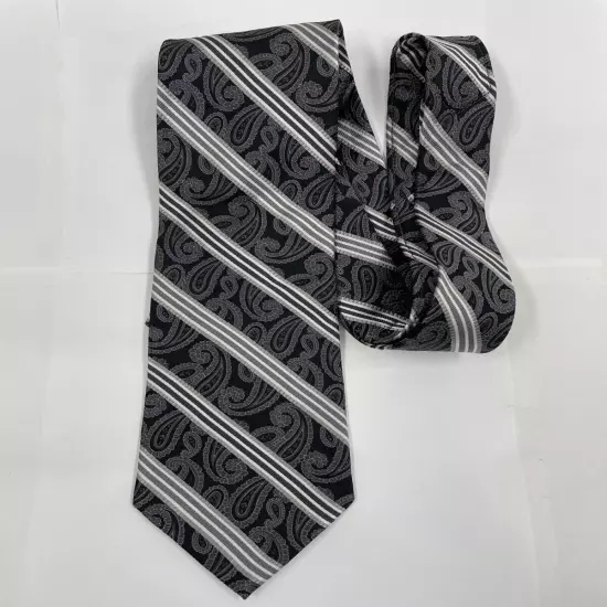 Pronto Uomo Italy Silver Black Paisley & Striped Repp Silk Tie 3.8" x 59"