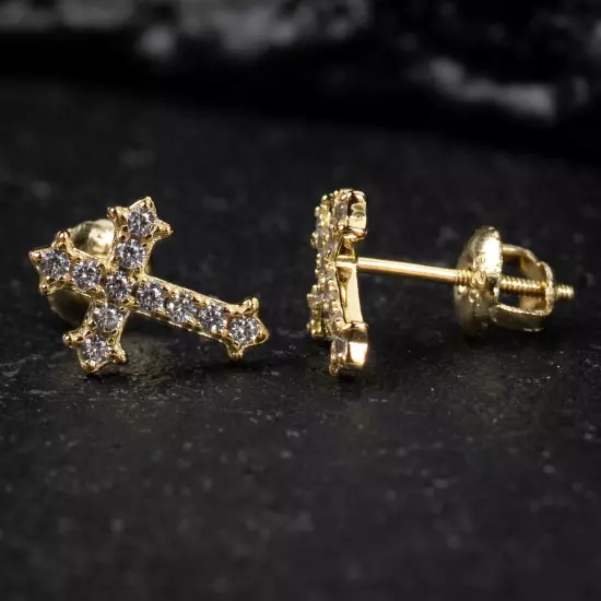 Small Gold Plated Men's Sterling Silver Iced Cross Stud Screw Back Earrings