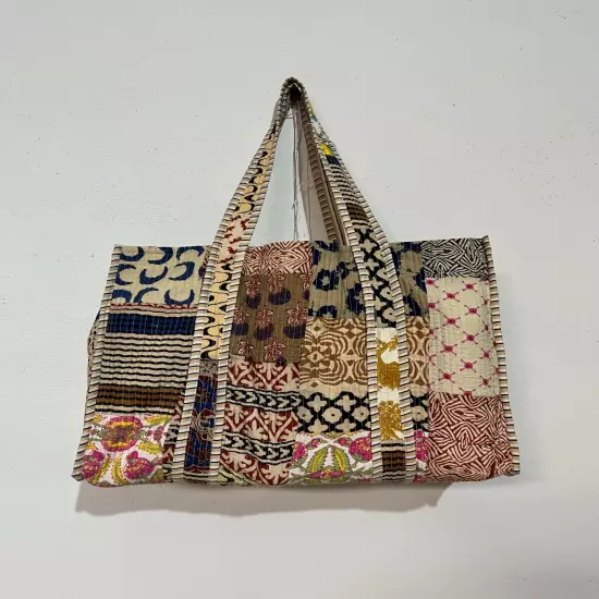 Indian Beige Patchwork Quilted Shoulder Bag Women's Beach 100% Cotton Handbag US