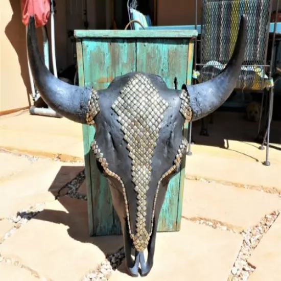 XXL American Buffalo Male Bull Skull with Natural Pyrite Western Decor 