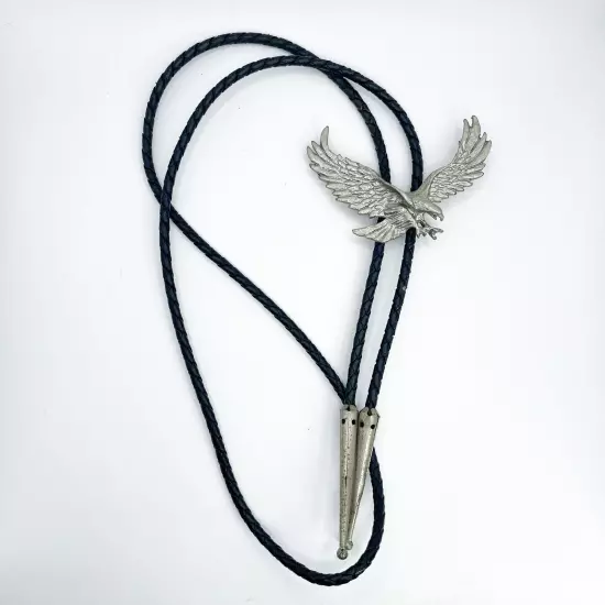 Vintage Bolo Tie American Bald Eagle Silver Tone Braided Slide Western