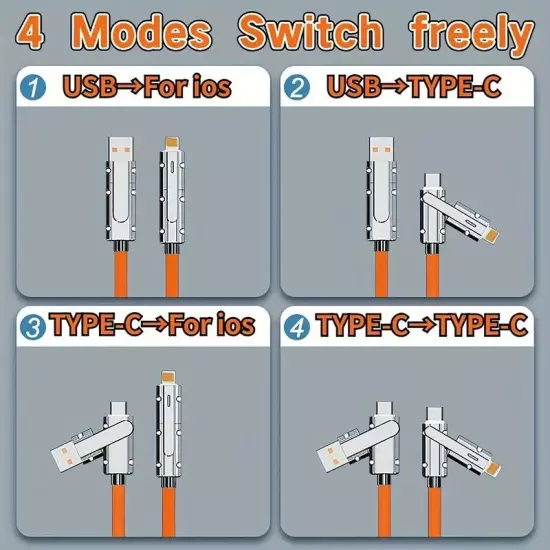 4-In-1 120W Fast Charging Cable Charger Data 6.6 Ft Cord USBC For iPhone Samsung