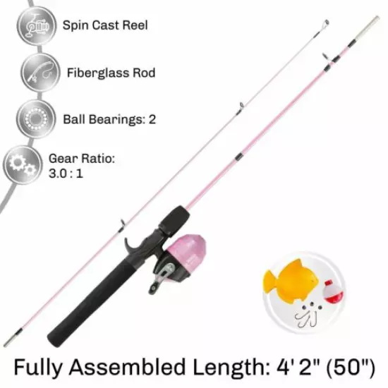 Kids Push Button Spincast Fishing Pole Starter Kit Pink Rod and Reel 4 Ft