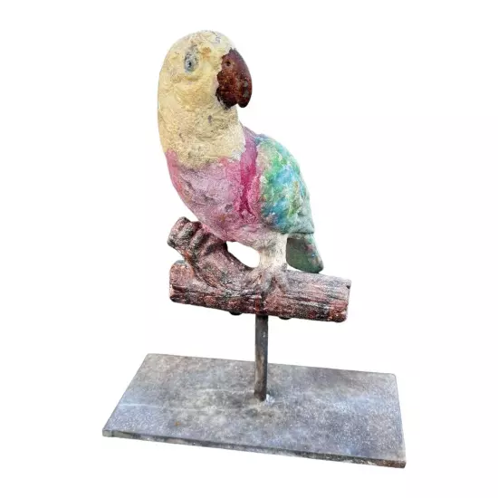 Distressed Perched Cement Parrot on Iron Stand