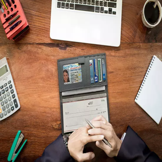 RFID Leather Checkbook Cover With Credit Card Slots and Pen Holder