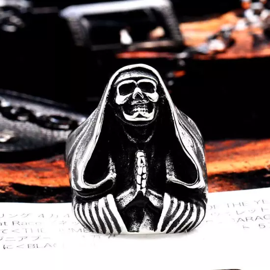 Vintage Praying Cloak Skull Ring Stainless Steel Peace Skeleton Biker Punk Ring